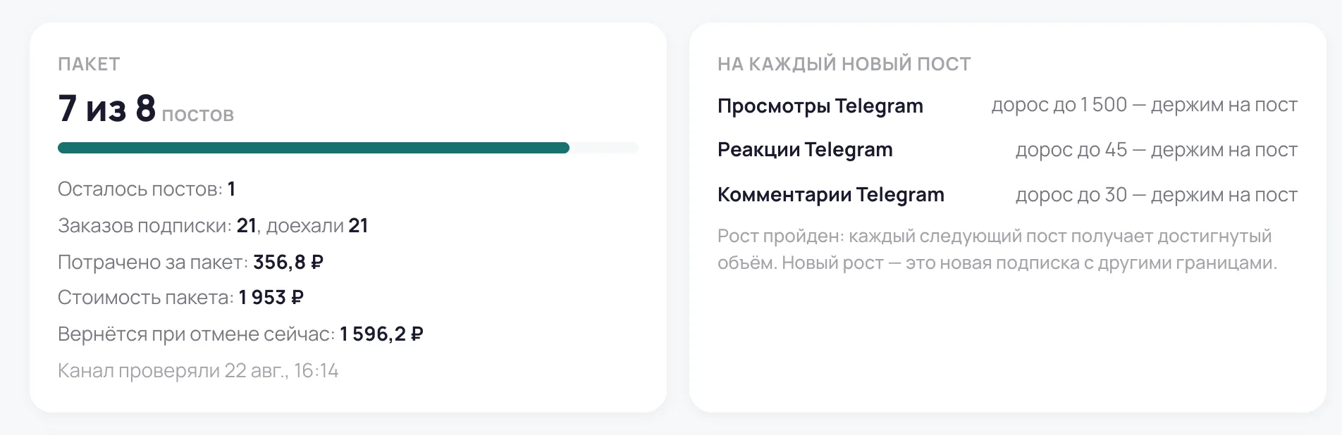 Карточка подписки: пакет 7 из 8 постов, заказов подписки 21, потрачено за пакет, состав на каждый новый пост